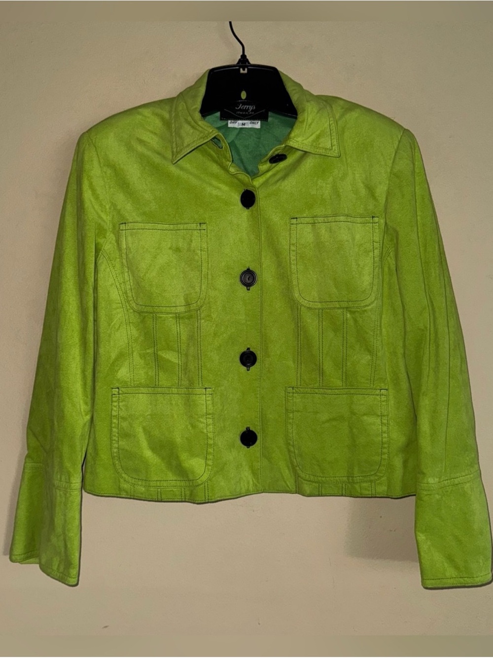 Vintage Lime Green Suede Boxy Utility Cropped Jacket Size M
